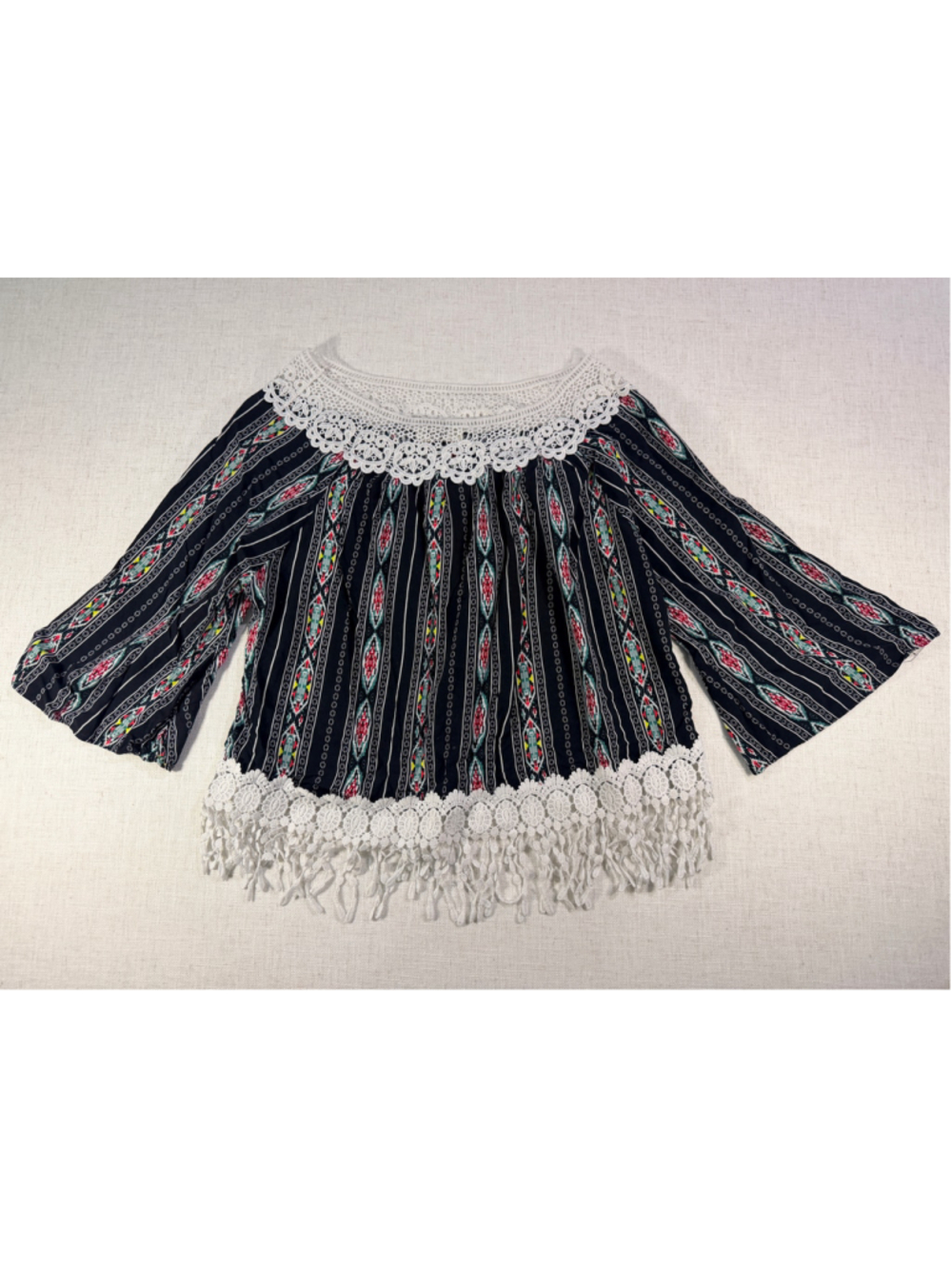Julia Boho Geometric Striped Crochet Lace Fringe Bell Sleeve Top Black Large